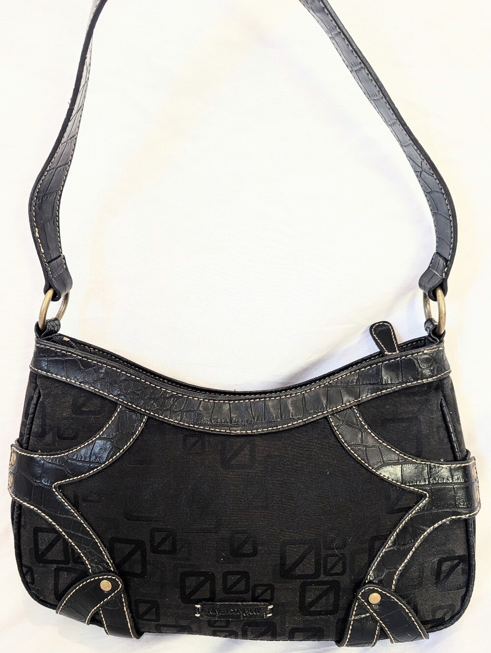 Nine & Company Y2K Monogram Shoulder Bag Black Canvas Croc Trim